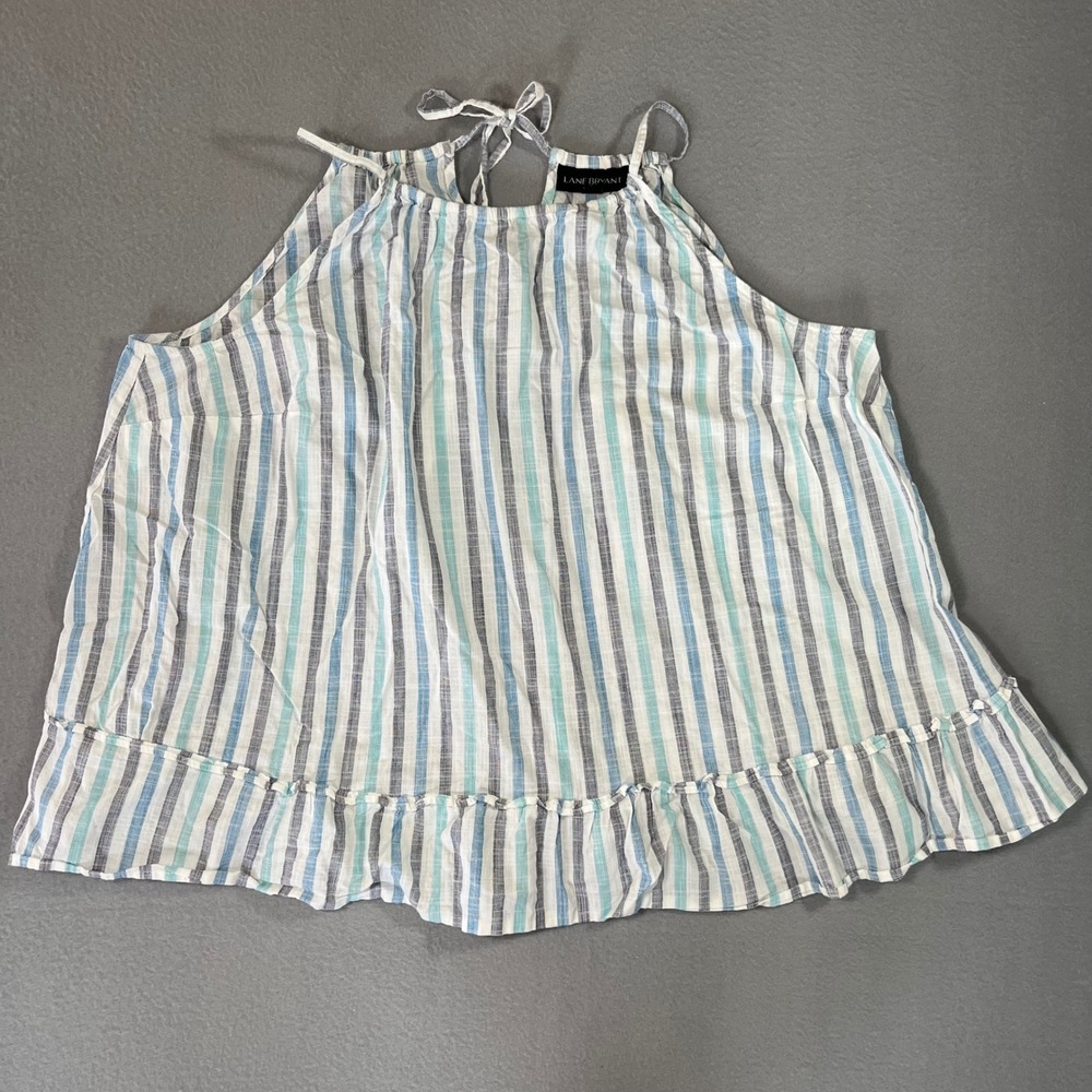 Lane Bryant Womens 18 Blue Striped Cotton Halter Ruffle‎ Hem Sleeveless Blouse